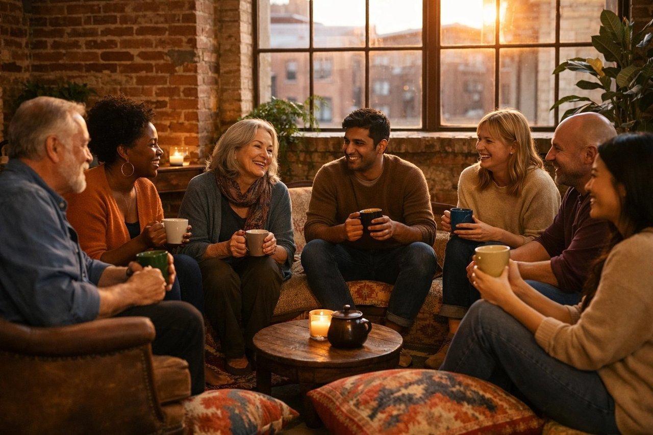 Community gathering in Pittsburgh — a diverse small group sharing tea and conversation in a brick loft setting at golden hour